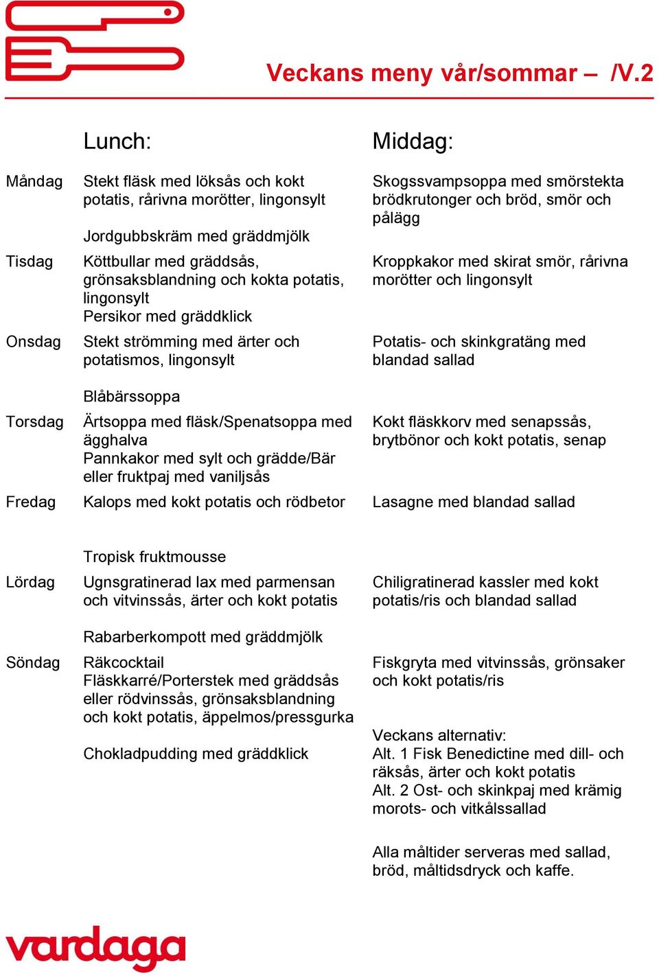 Stekt strömming med ärter och potatismos, lingonsylt Blåbärssoppa Ärtsoppa med fläsk/spenatsoppa med ägghalva Pannkakor med sylt och grädde/bär eller fruktpaj med vaniljsås Kalops med kokt potatis