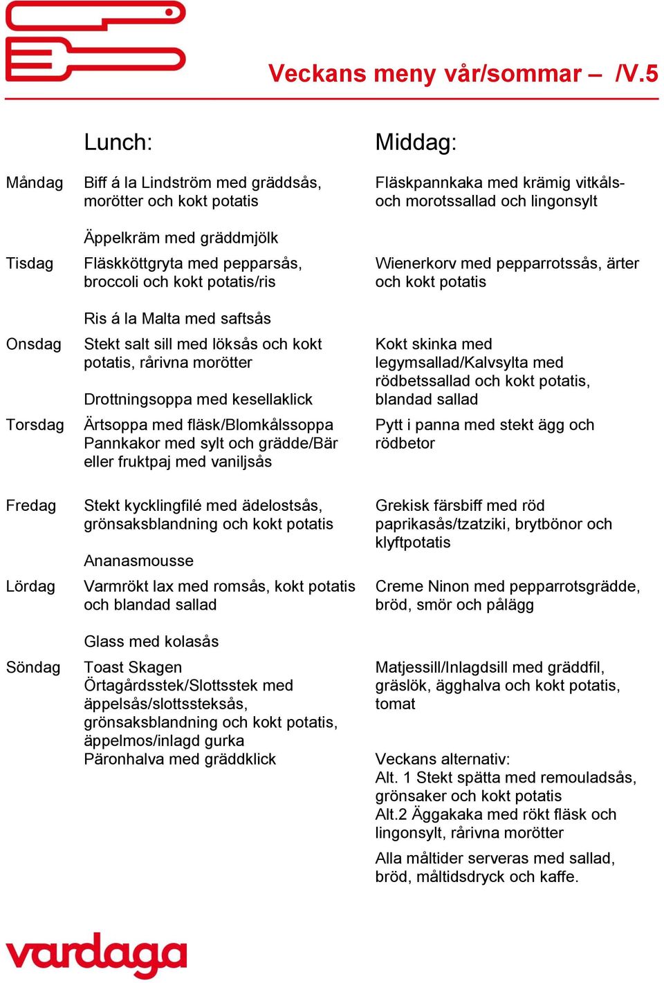 löksås och kokt potatis, rårivna morötter Drottningsoppa med kesellaklick Ärtsoppa med fläsk/blomkålssoppa Pannkakor med sylt och grädde/bär eller fruktpaj med vaniljsås Fläskpannkaka med krämig