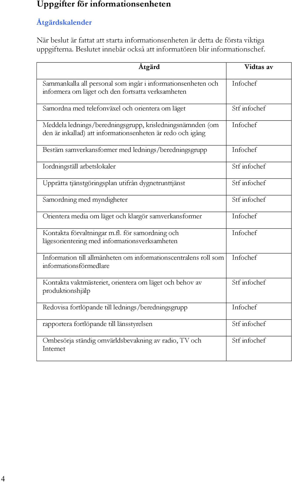 Åtgärd Sammankalla all personal som ingår i informationsenheten och informera om läget och den fortsatta verksamheten Samordna med telefonväxel och orientera om läget Meddela