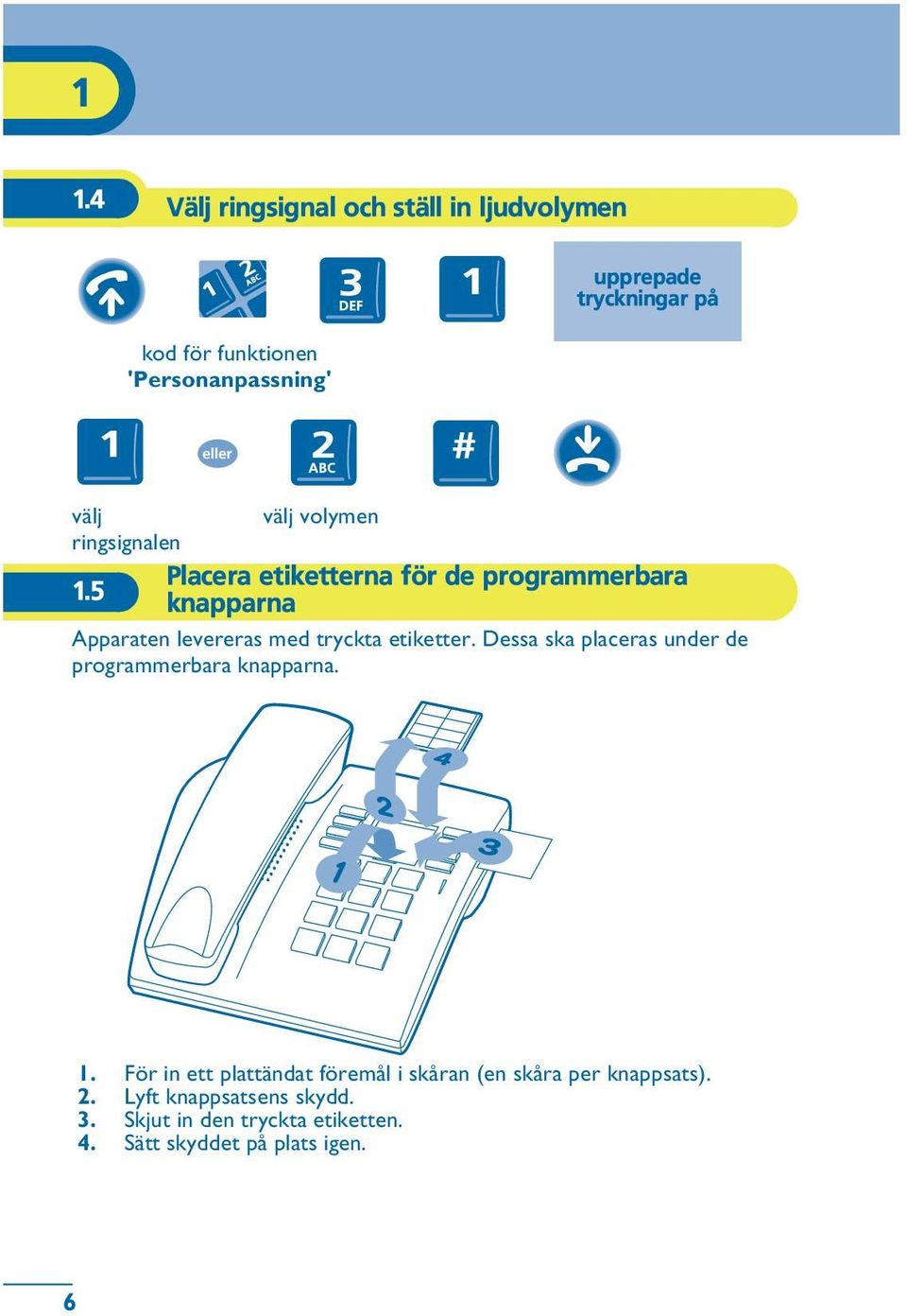 5 knapparna Apparaten levereras med tryckta etiketter. Dessa ska placeras under de programmerbara knapparna.