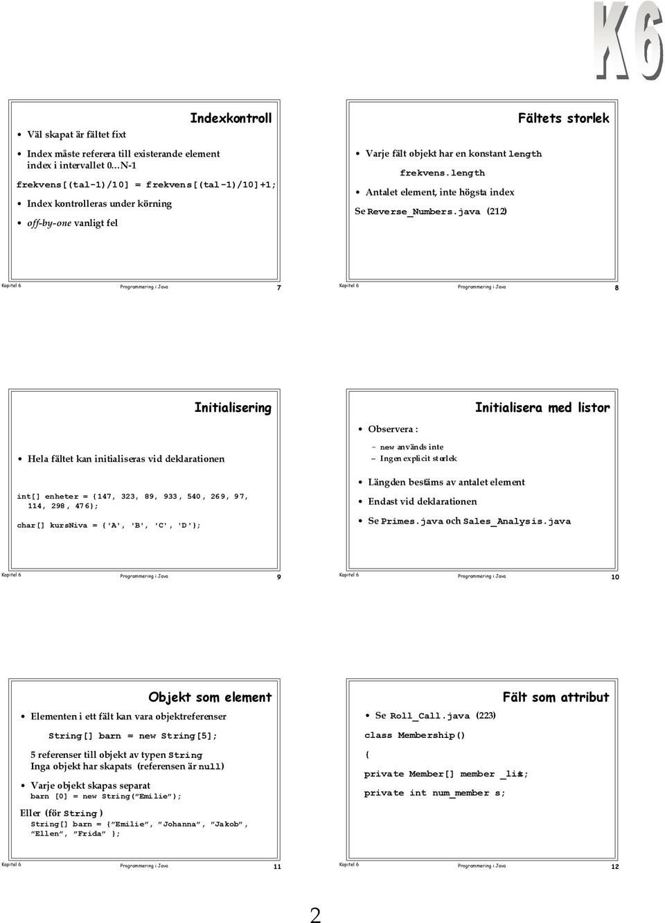 java (212) ets storlek 7 8 Hela fšltet kan initialiseras vid deklarationen Initialisering Observera : Ð new anvšnds inte Ð Ingen explicit storlek Initialisera med listor int[] enheter = 147, 323, 89,