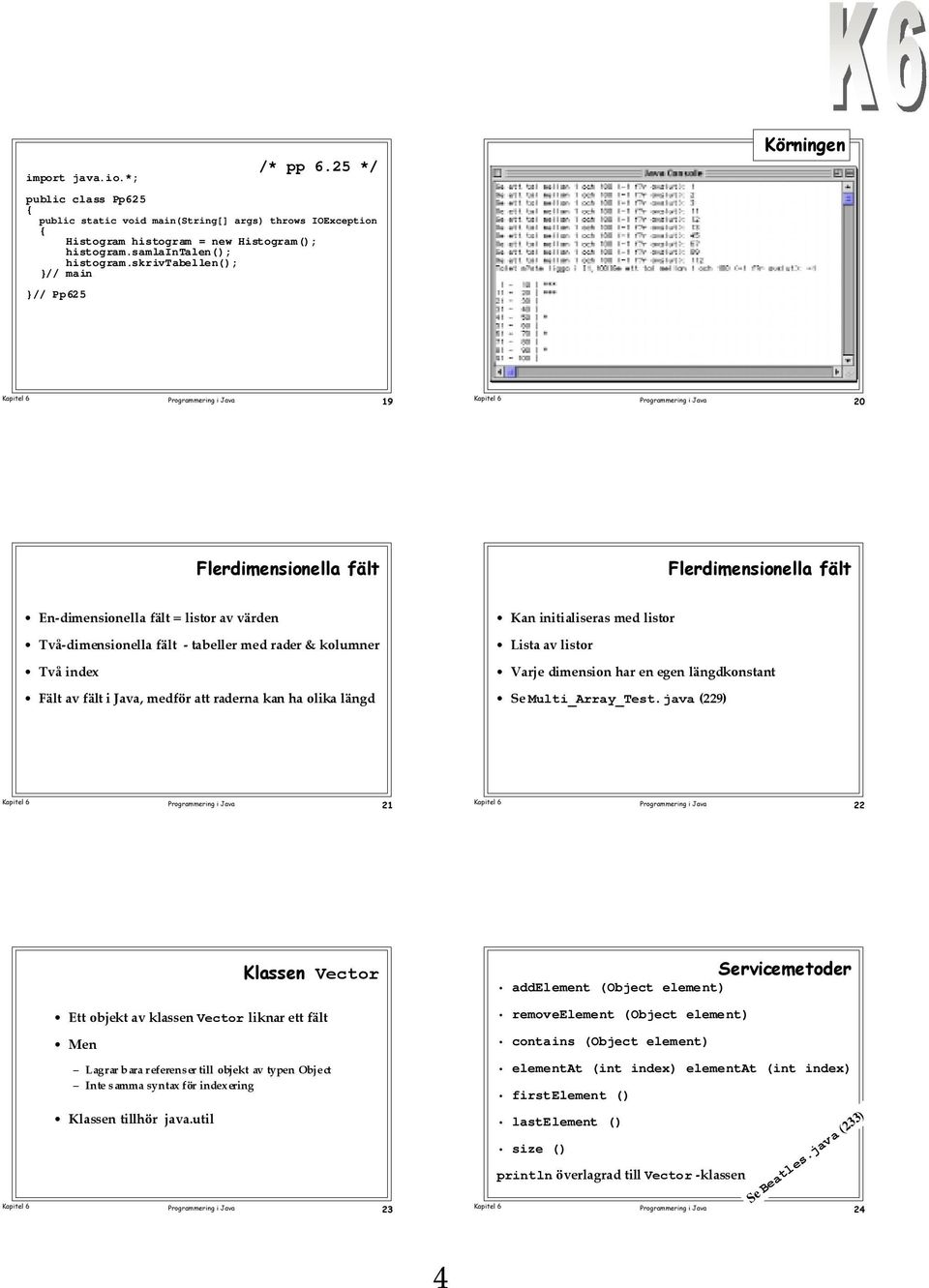 index av fšlt i Java, medfšr att raderna kan ha olika lšngd Kan initialiseras med listor Lista av listor Varje dimension har en egen lšngdkonstant Se Multi_Array_Test.