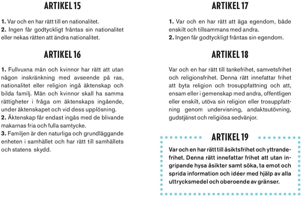 Män och kvinnor skall ha samma rättigheter i fråga om äktenskaps ingående, under äktenskapet och vid dess upplösning. 2. Äktenskap får endast ingås med de blivande makarnas fria och fulla samtycke. 3.