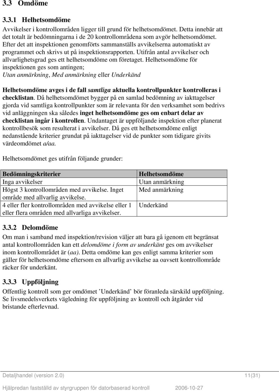 Utifrån antal avvikelser och allvarlighetsgrad ges ett helhetsomdöme om företaget.