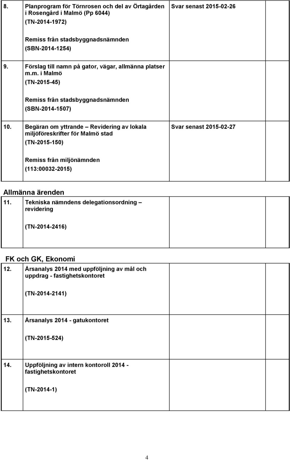 Begäran om yttrande Revidering av lokala miljöföreskrifter för Malmö stad (TN-2015-150) Svar senast 2015-02-27 Remiss från miljönämnden (113:00032-2015) Allmänna ärenden 11.