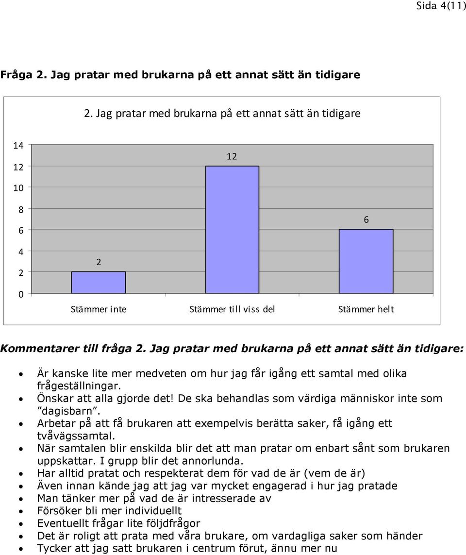 De ska behandlas som värdiga människor inte som dagisbarn. Arbetar på att få brukaren att exempelvis berätta saker, få igång ett tvåvägssamtal.