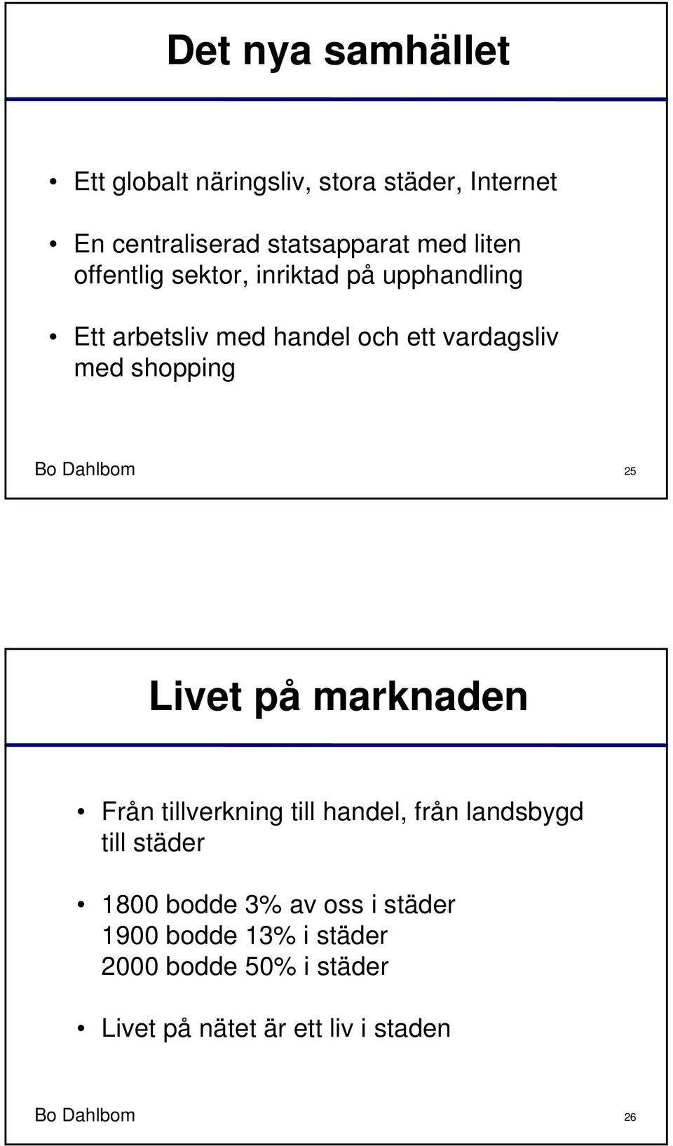 Dahlbom 25 Livet på marknaden Från tillverkning till handel, från landsbygd till städer 1800 bodde 3% av