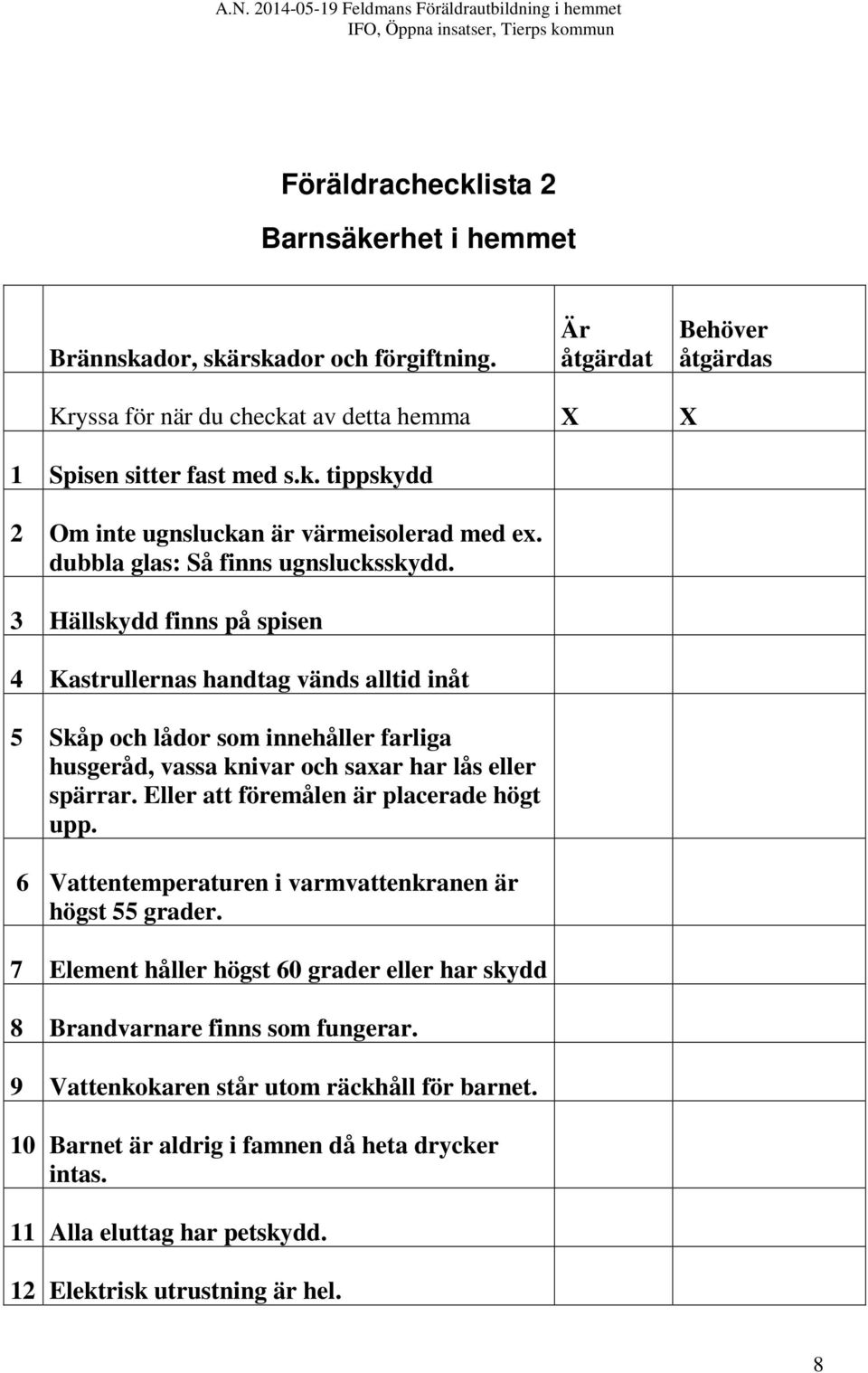 3 Hällskydd finns på spisen 4 Kastrullernas handtag vänds alltid inåt 5 Skåp och lådor som innehåller farliga husgeråd, vassa knivar och saxar har lås eller spärrar.