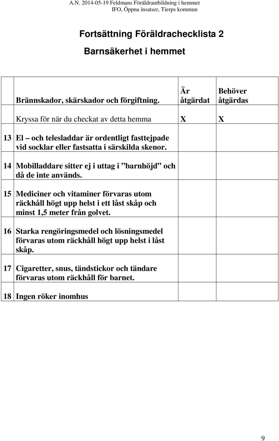 skenor. 14 Mobilladdare sitter ej i uttag i barnhöjd och då de inte används.