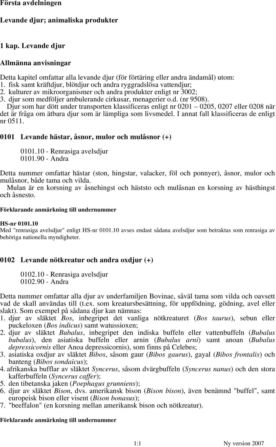 Djur som har dött under transporten klassificeras enligt nr 0201 0205, 0207 eller 0208 när det är fråga om ätbara djur som är lämpliga som livsmedel. I annat fall klassificeras de enligt nr 0511.