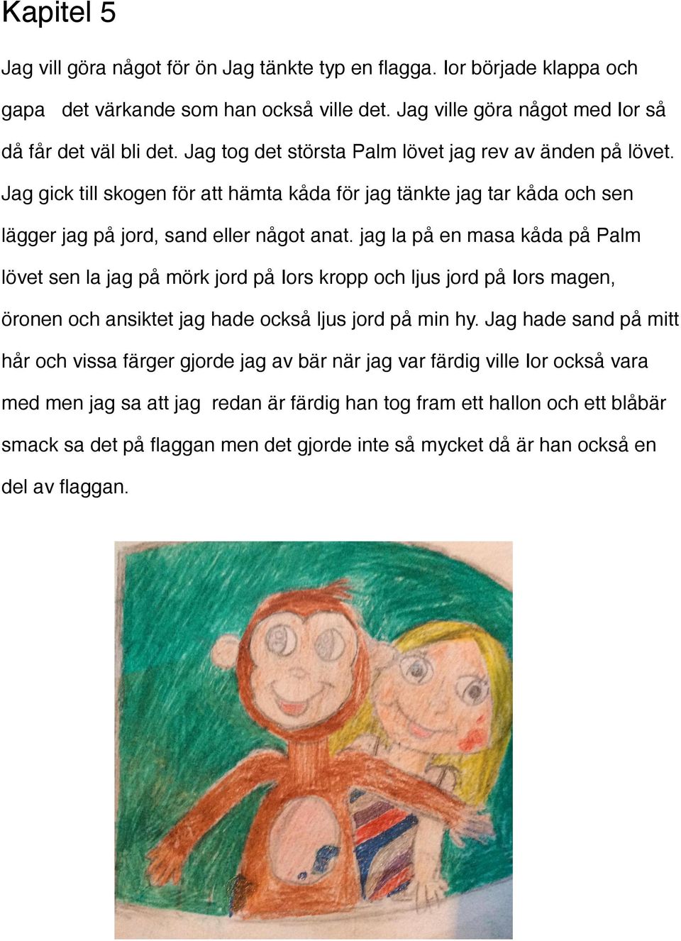 jag la på en masa kåda på Palm lövet sen la jag på mörk jord på Iors kropp och ljus jord på Iors magen, öronen och ansiktet jag hade också ljus jord på min hy.