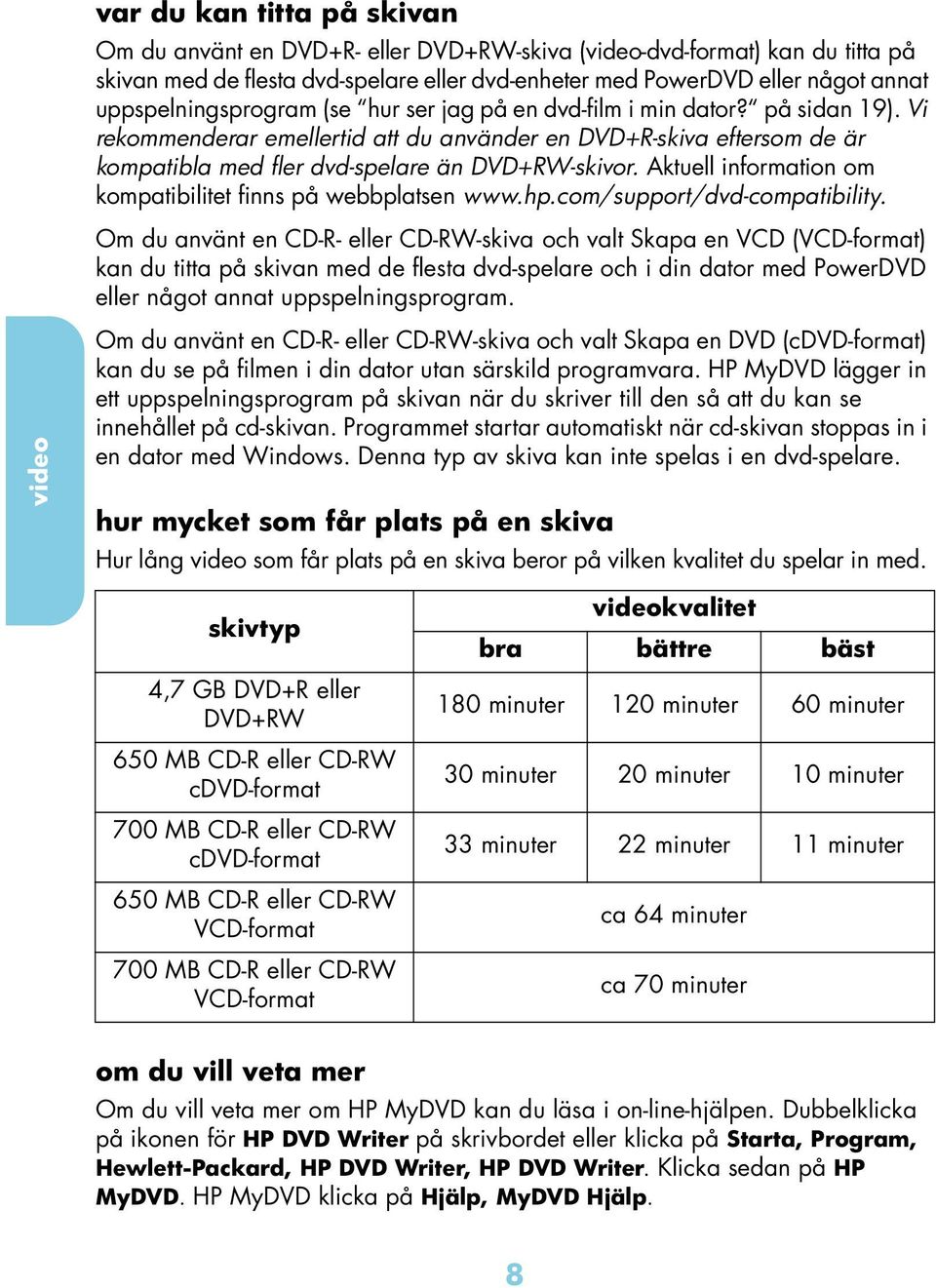 Aktuell informtion om komptiilitet finns på wepltsen www.hp.om/support/dvd-omptiility.