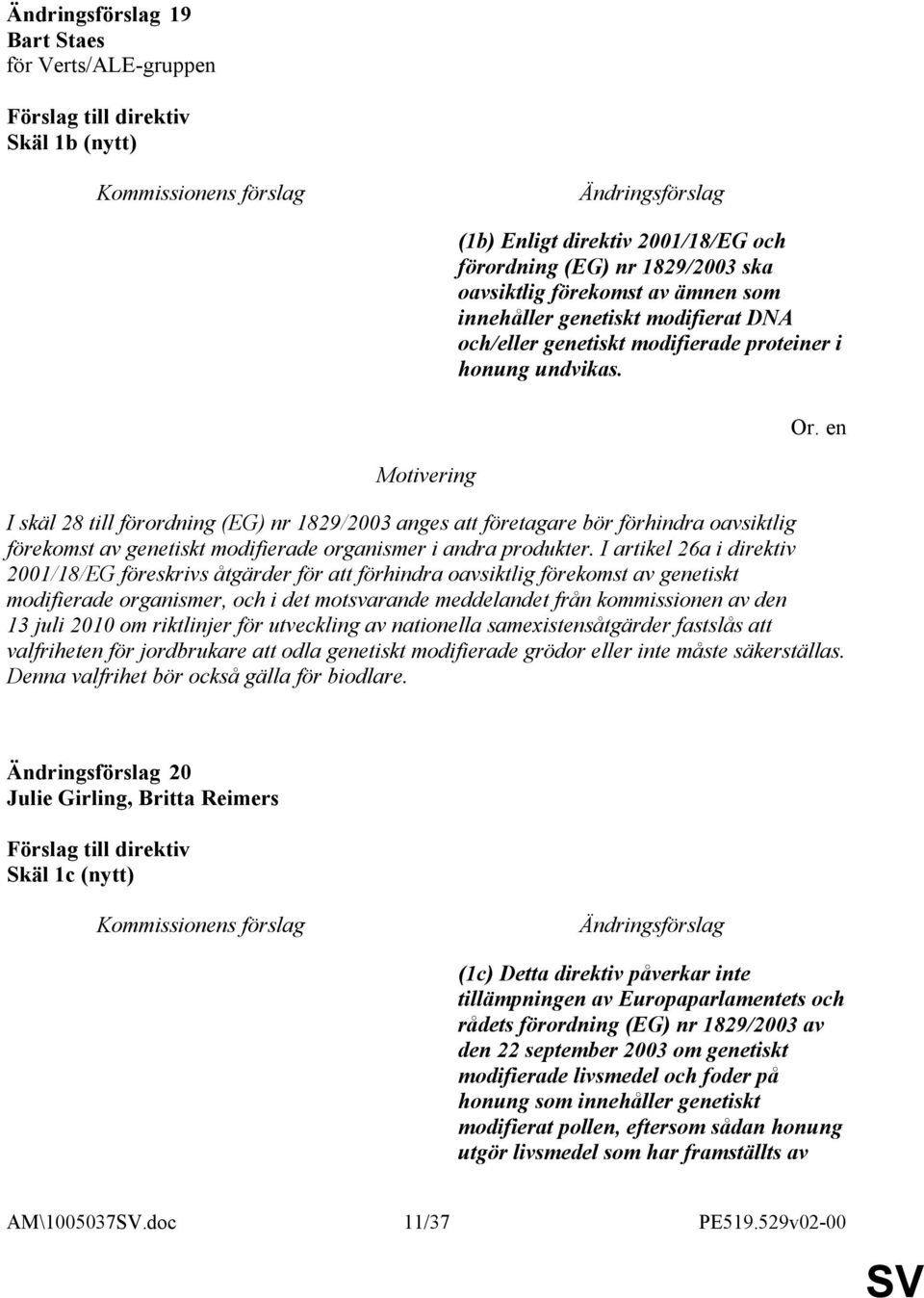 I skäl 28 till förordning (EG) nr 1829/2003 anges att företagare bör förhindra oavsiktlig förekomst av genetiskt modifierade organismer i andra produkter.