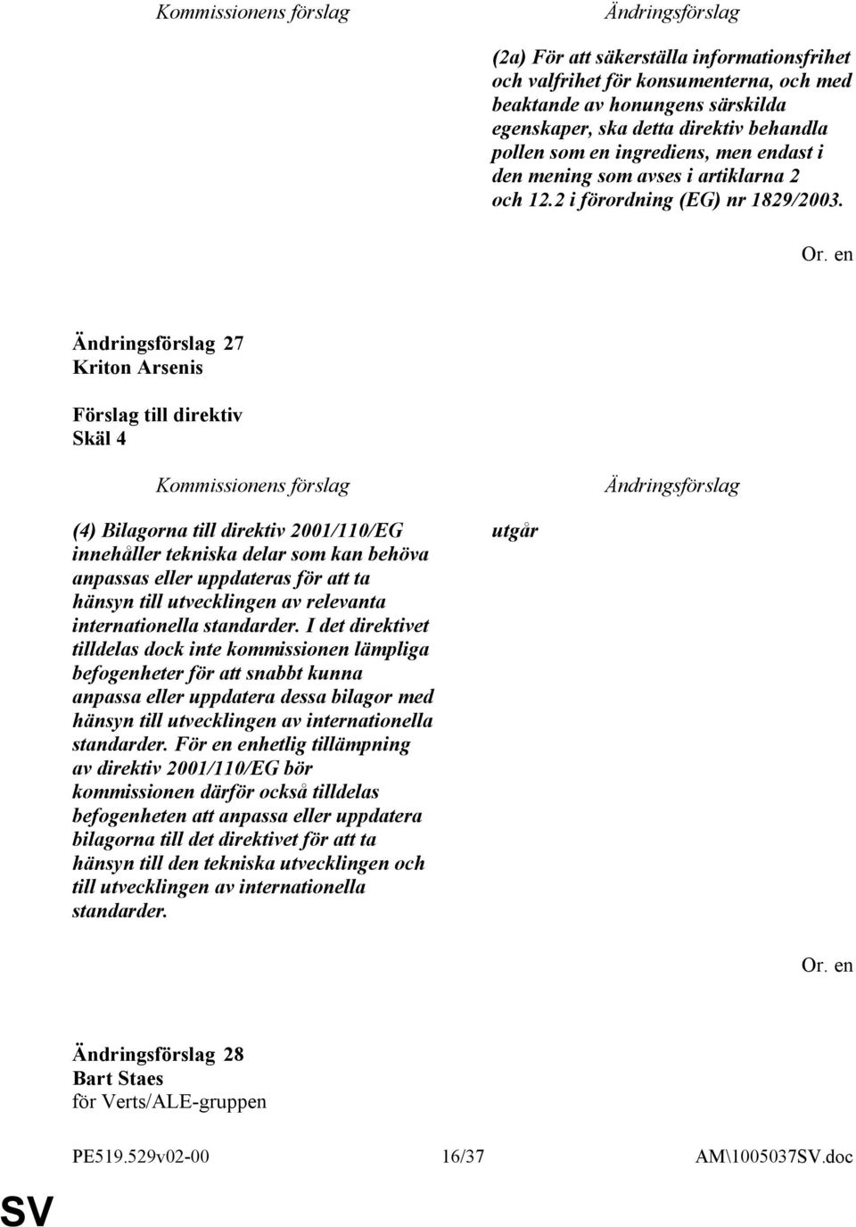 27 Kriton Arsenis Skäl 4 (4) Bilagorna till direktiv 2001/110/EG innehåller tekniska delar som kan behöva anpassas eller uppdateras för att ta hänsyn till utvecklingen av relevanta internationella