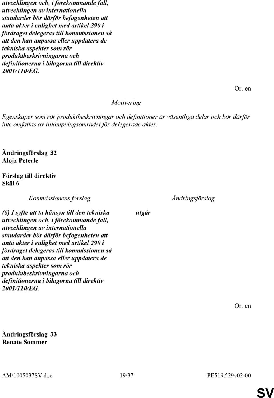 Motivering Egenskaper som rör produktbeskrivningar och definitioner är väsentliga delar och bör därför inte omfattas av tillämpningsområdet för delegerade akter.