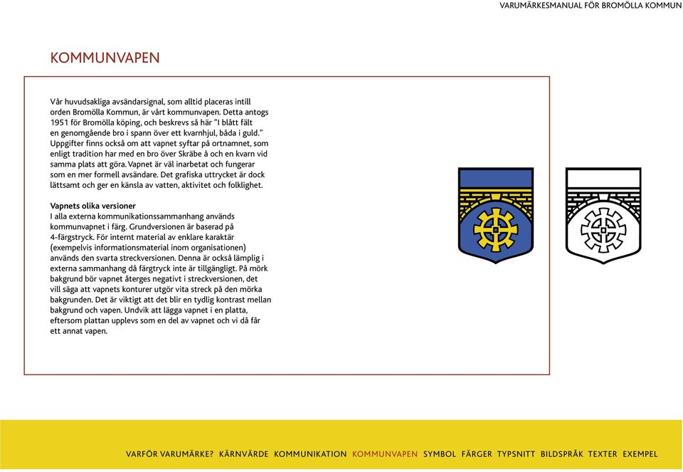 Uppgifter finns också om att vapnet syftar på ortnamnet, som enligt tradition har med en bro över Skräbe å och en kvarn vid samma plats att göra.
