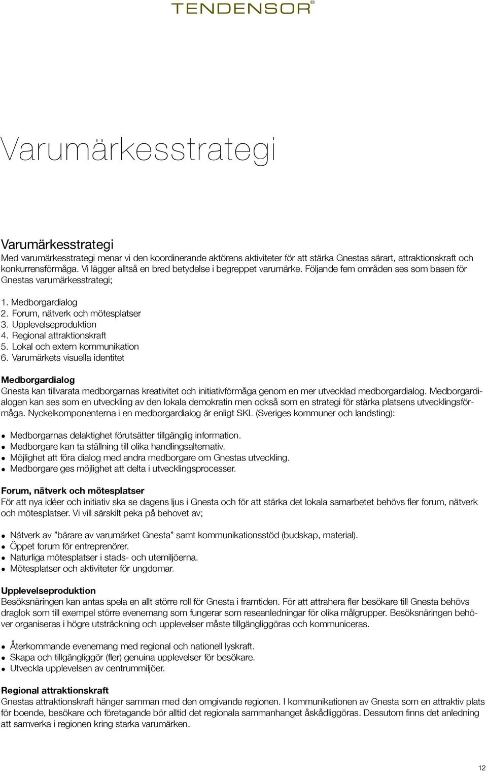 Upplevelseproduktion 4. Regional attraktionskraft 5. Lokal och extern kommunikation 6.