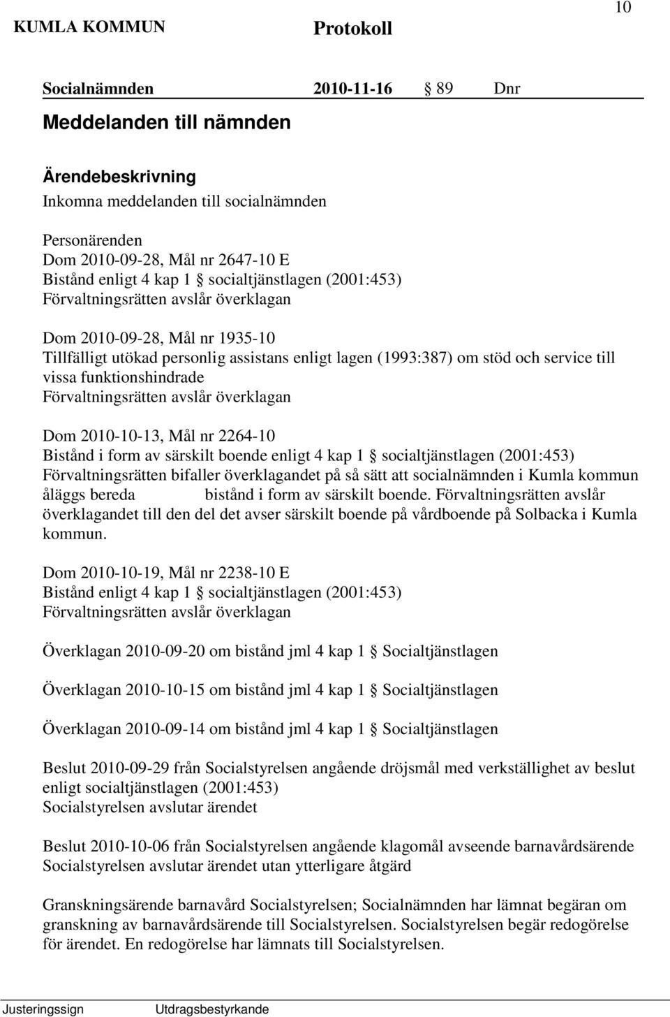 avslår överklagan Dom 2010-10-13, Mål nr 2264-10 Bistånd i form av särskilt boende enligt 4 kap 1 socialtjänstlagen (2001:453) Förvaltningsrätten bifaller överklagandet på så sätt att socialnämnden i