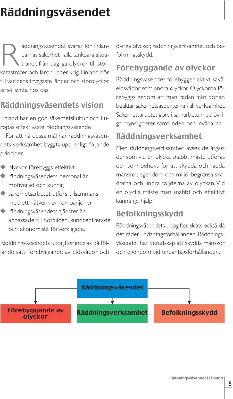Räddningsväsendets vision Finland har en god säkerhetskultur och Europas effektivaste räddningsväsende För att nå dessa mål har räddningsväsendets verksamhet byggts upp enligt följande principer: