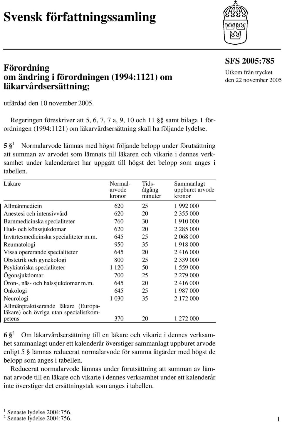 5 1 Normalarvode lämnas med högst följande belopp under förutsättning att summan av arvodet som lämnats till läkaren och vikarie i dennes verksamhet under kalenderåret har uppgått till högst det