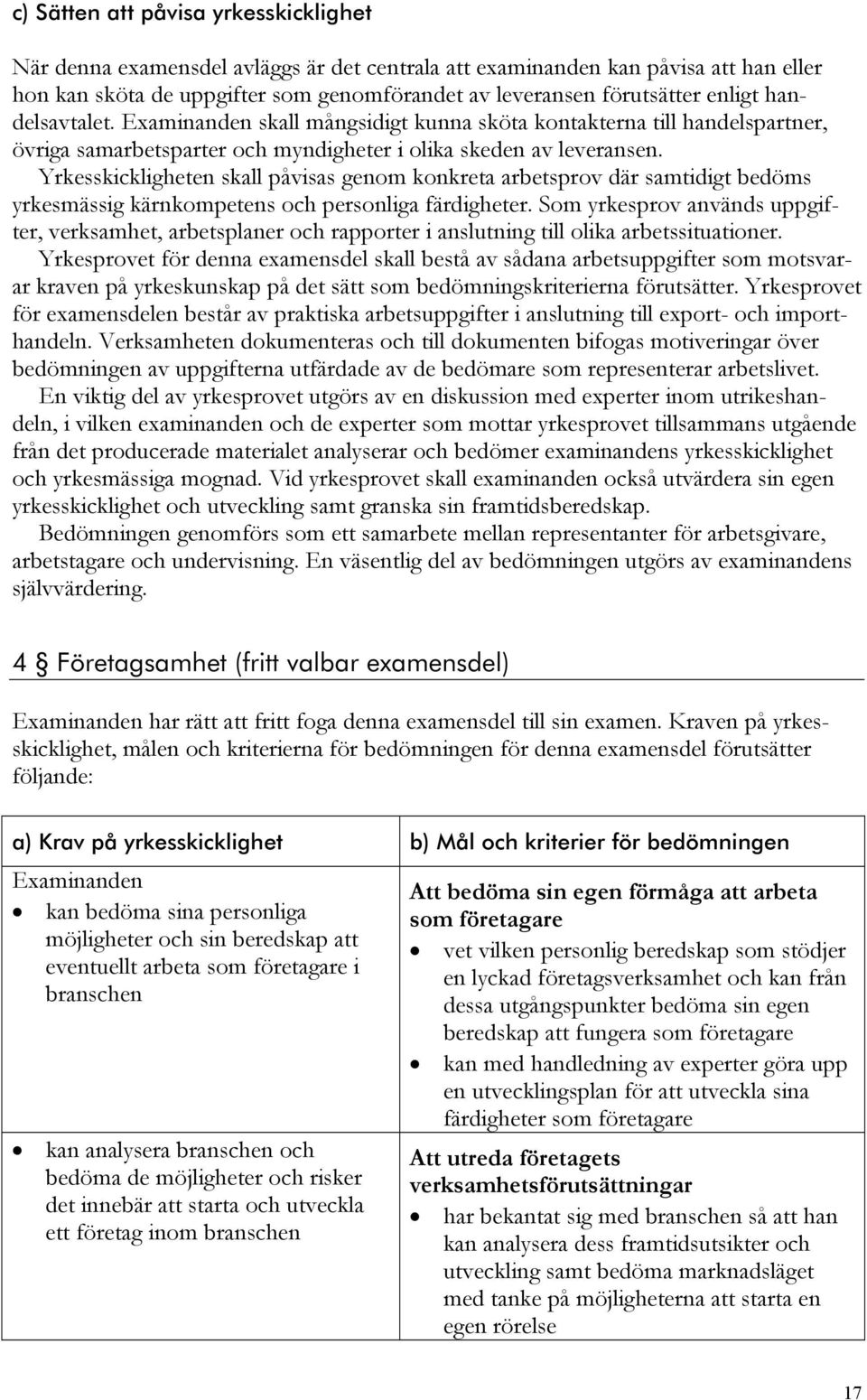 Yrkesskickligheten skall påvisas genom konkreta arbetsprov där samtidigt bedöms yrkesmässig kärnkompetens och personliga färdigheter.