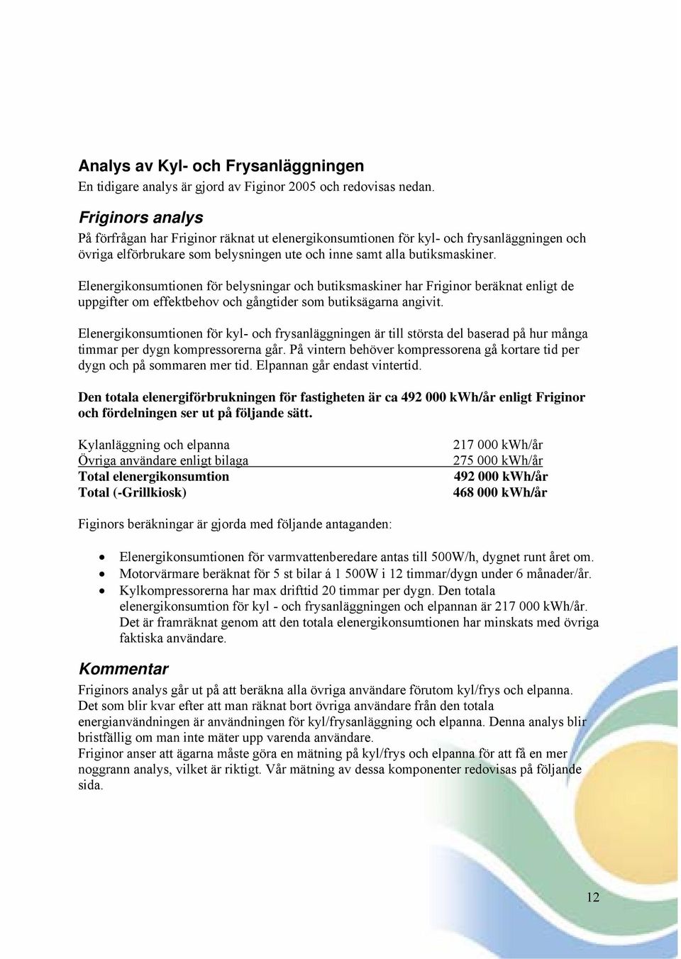 Elenergikonsumtionen för belysningar och butiksmaskiner har Friginor beräknat enligt de uppgifter om effektbehov och gångtider som butiksägarna angivit.