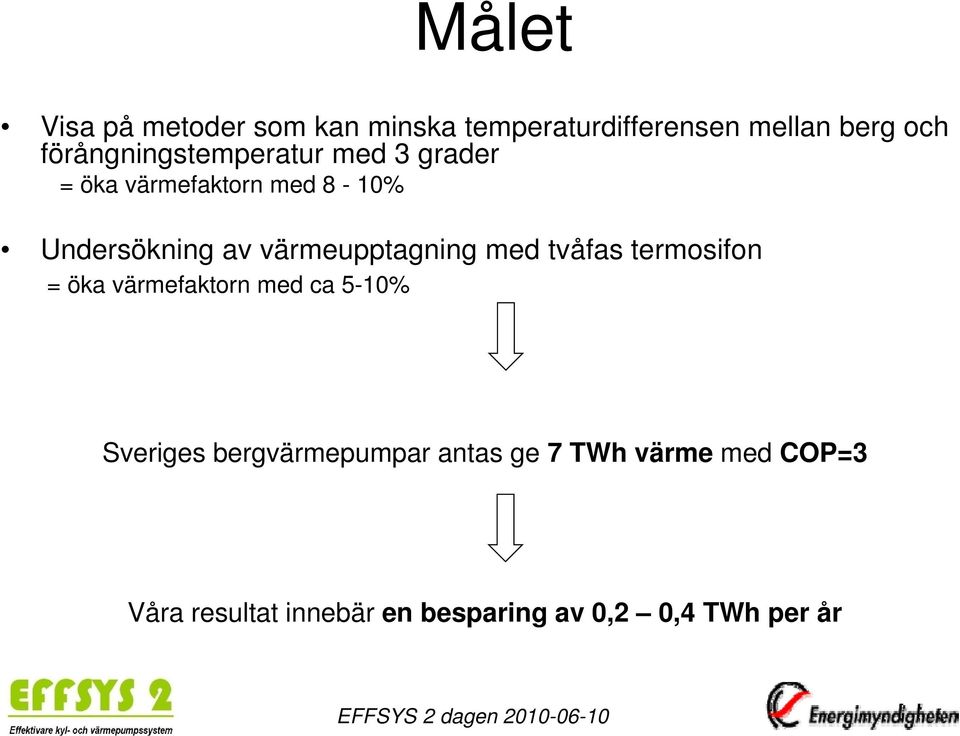 värmeupptagning med tvåfas termosifon = öka värmefaktorn med ca 5-10% Sveriges