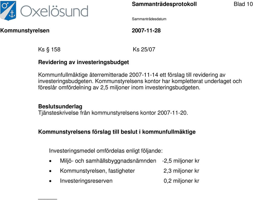 Kommunstyrelsens kontor har kompletterat underlaget och föreslår omfördelning av 2,5 miljoner inom investeringsbudgeten.