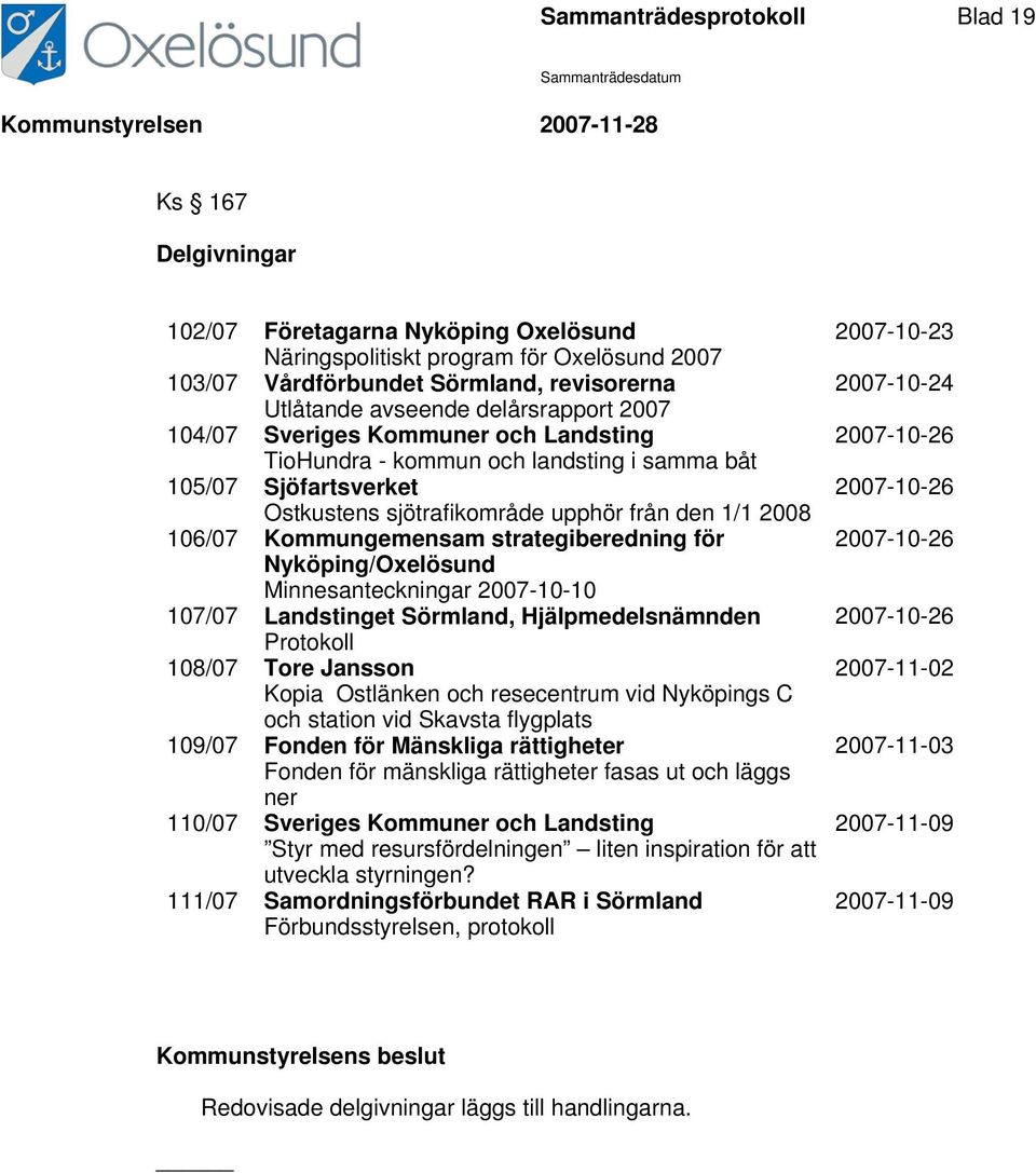 strategiberedning för Nyköping/Oxelösund Minnesanteckningar 2007-10-10 107/07 Landstinget Sörmland, Hjälpmedelsnämnden Protokoll 108/07 Tore Jansson Kopia Ostlänken och resecentrum vid Nyköpings C