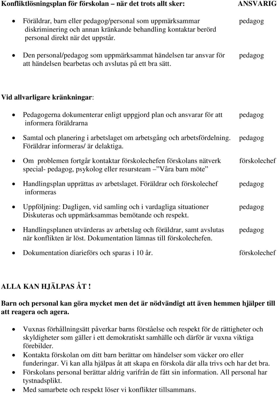 Vid allvarligare kränkningar: Pedagogerna dokumenterar enligt uppgjord plan och ansvarar för att pedagog informera föräldrarna Samtal och planering i arbetslaget om arbetsgång och arbetsfördelning.