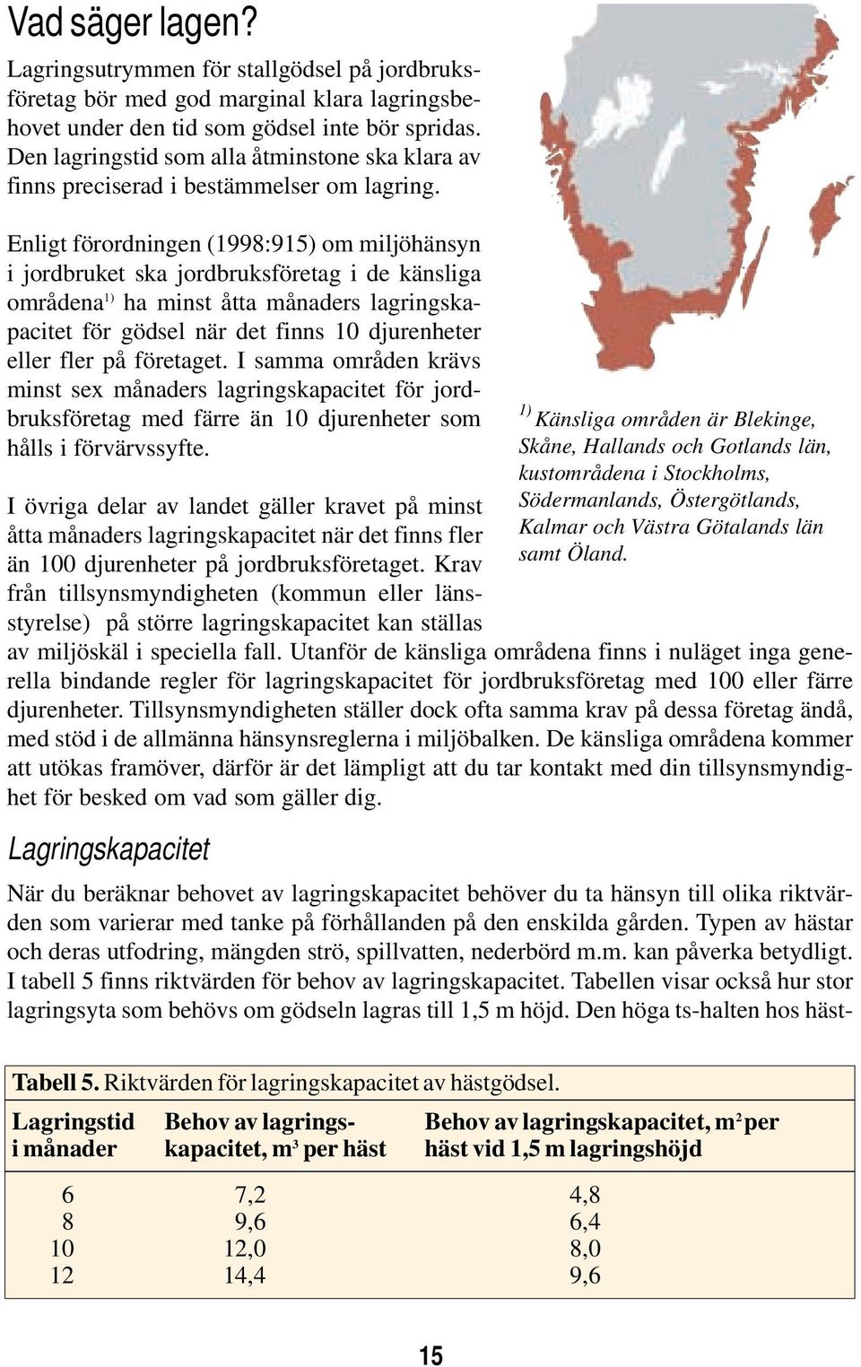 Enligt förordningen (1998:915) om miljöhänsyn i jordbruket ska jordbruksföretag i de känsliga områdena 1) ha minst åtta månaders lagringskapacitet för gödsel när det finns 10 djurenheter eller fler