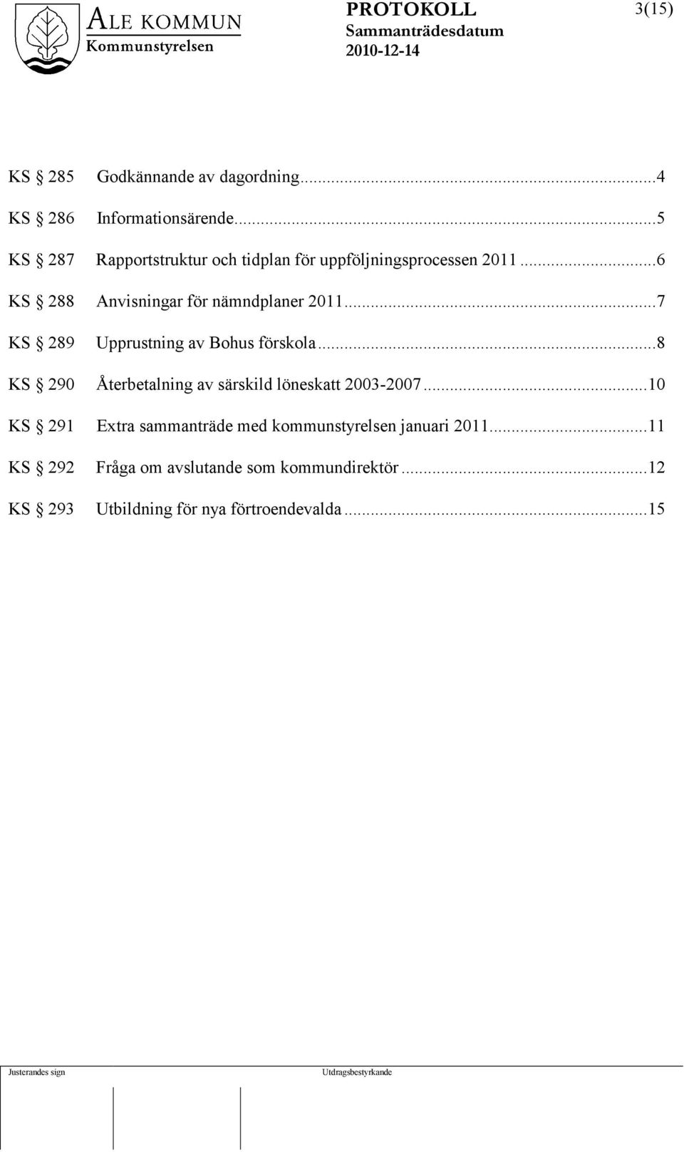 ..7 KS 289 Upprustning av Bohus förskola...8 KS 290 Återbetalning av särskild löneskatt 2003-2007.