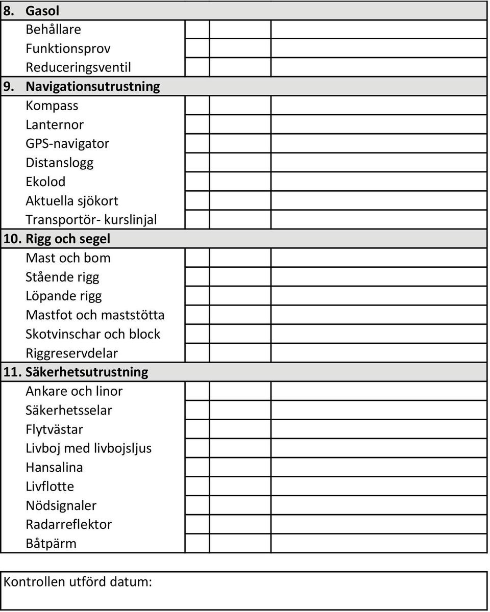 Rigg och segel Mast och bom Stående rigg Löpande rigg Mastfot och maststötta Skotvinschar och block Riggreservdelar 11.