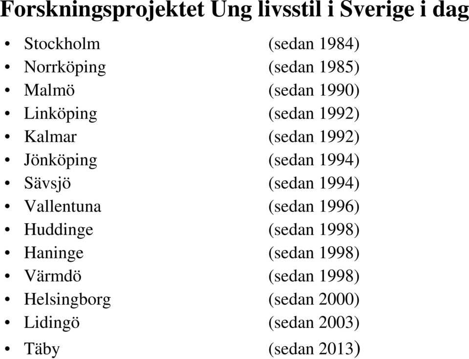 (sedan 1994) Sävsjö (sedan 1994) Vallentuna (sedan 1996) Huddinge (sedan 1998) Haninge