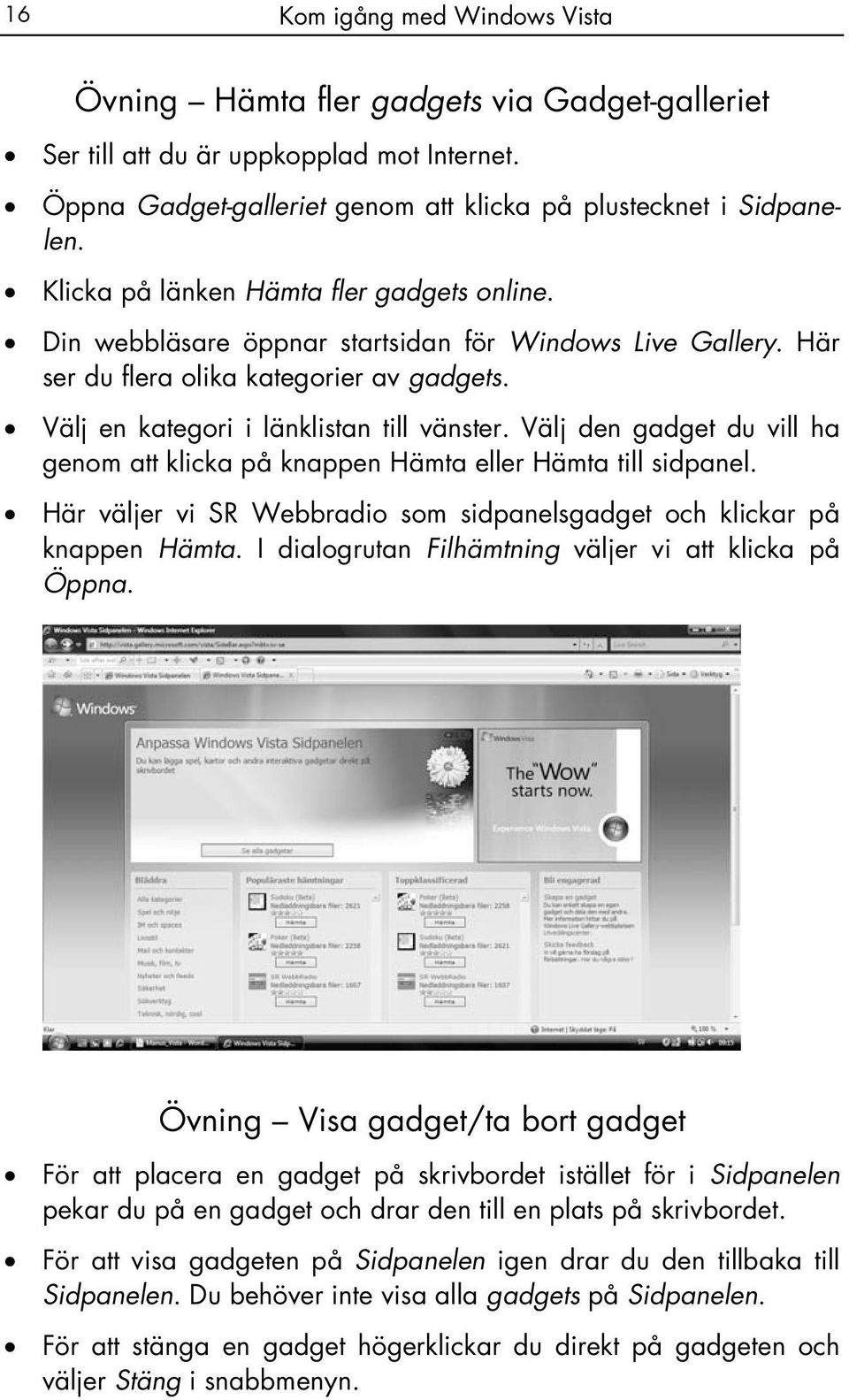 Välj den gadget du vill ha genom att klicka på knappen Hämta eller Hämta till sidpanel. Här väljer vi SR Webbradio som sidpanelsgadget och klickar på knappen Hämta.