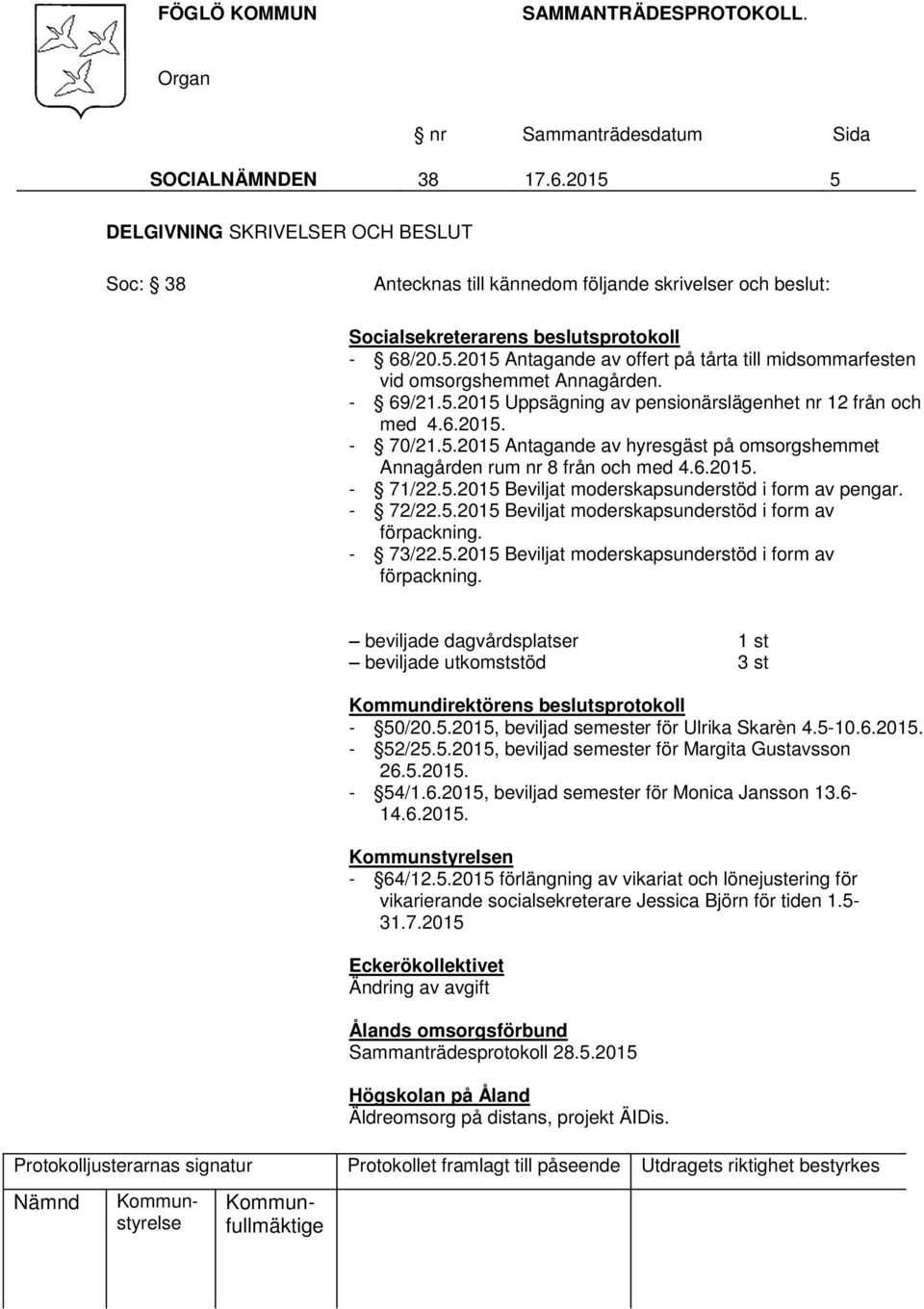 - 72/22.5.2015 Beviljat moderskapsunderstöd i form av förpackning. - 73/22.5.2015 Beviljat moderskapsunderstöd i form av förpackning. beviljade dagvårdsplatser 1 st beviljade utkomststöd 3 st Kommundirektörens beslutsprotokoll - 50/20.