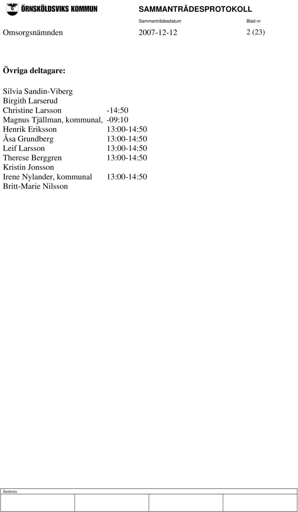 Eriksson 13:00-14:50 Åsa Grundberg 13:00-14:50 Leif Larsson 13:00-14:50 Therese