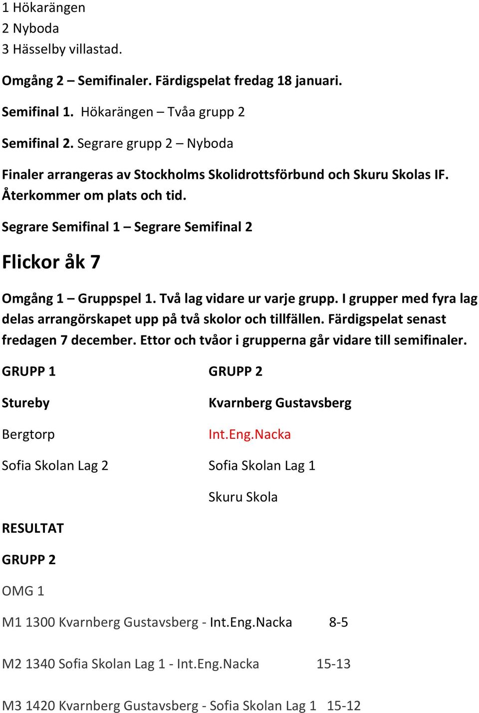 Färdigspelat senast fredagen 7 december. Ettor och tvåor i grupperna går vidare till semifinaler. Stureby Bergtorp Kvarnberg Gustavsberg Int.Eng.