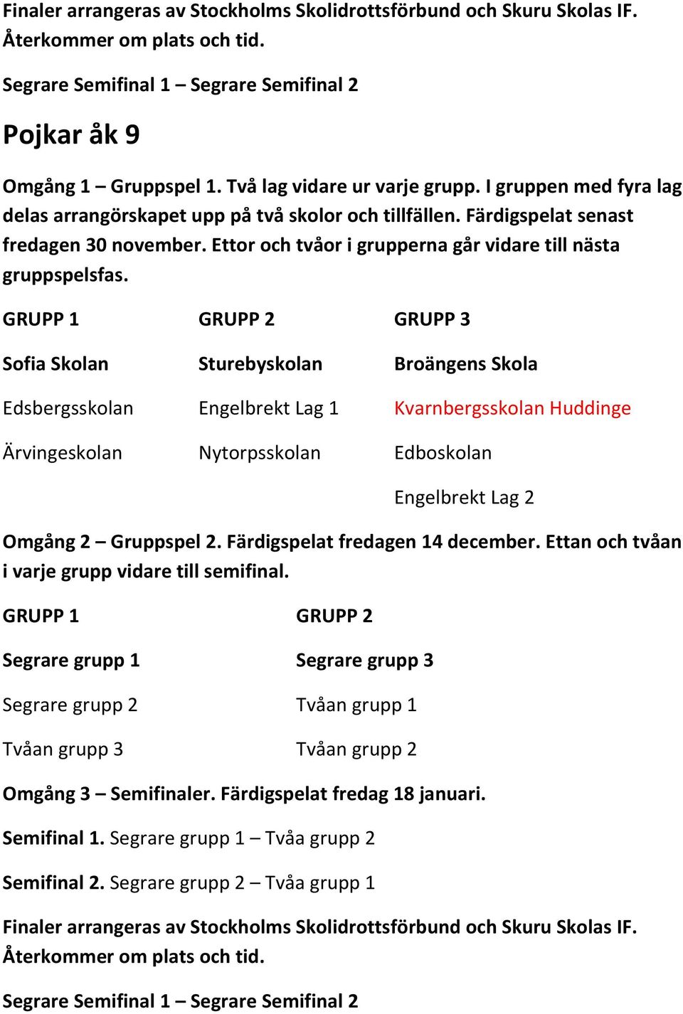 GRUPP 3 Sofia Skolan Sturebyskolan Broängens Skola Edsbergsskolan Engelbrekt Lag 1 Kvarnbergsskolan Huddinge Ärvingeskolan Nytorpsskolan Edboskolan Engelbrekt Lag 2 Omgång 2 Gruppspel 2.