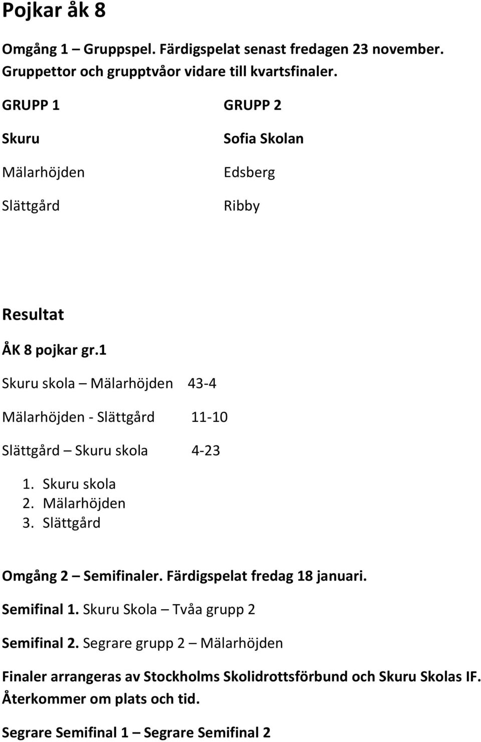Skuru Mälarhöjden Slättgård Sofia Skolan Edsberg Ribby Resultat ÅK 8 pojkar gr.