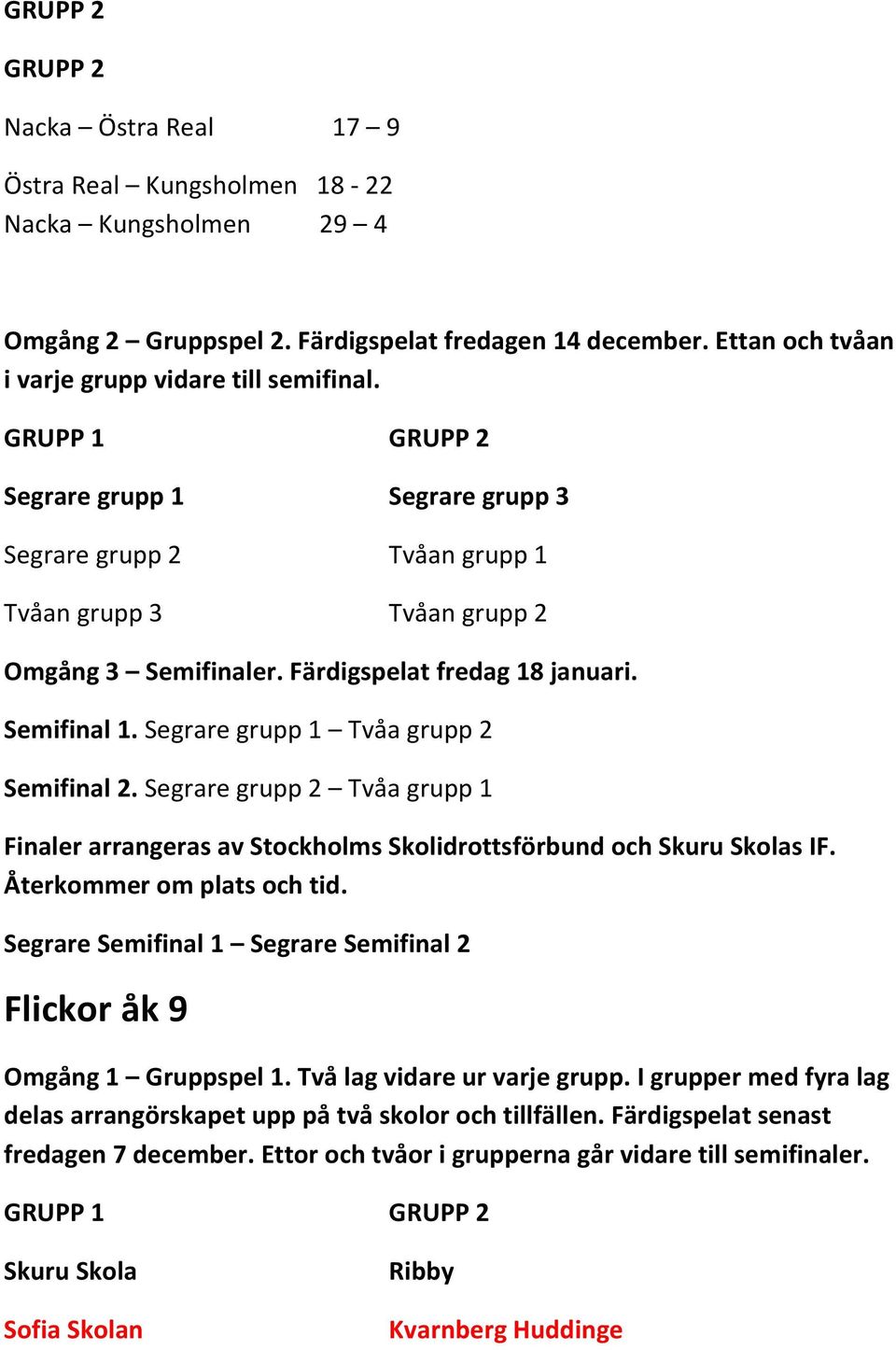 Färdigspelat fredag 18 januari. Semifinal 1. Segrare grupp 1 Tvåa grupp 2 Semifinal 2. Segrare grupp 2 Tvåa grupp 1 Flickor åk 9 Omgång 1 Gruppspel 1.