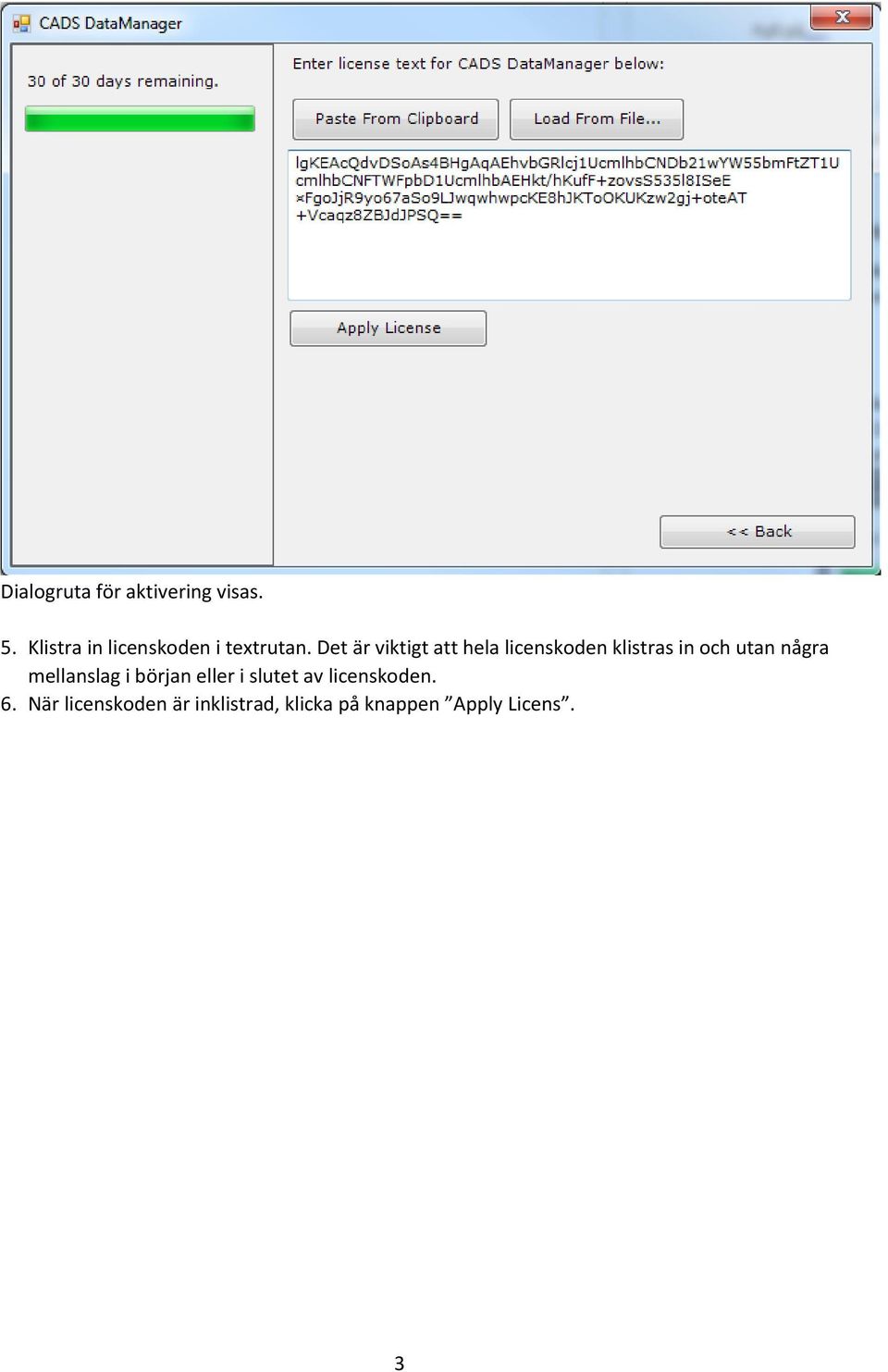 Det är viktigt att hela licenskoden klistras in och utan några