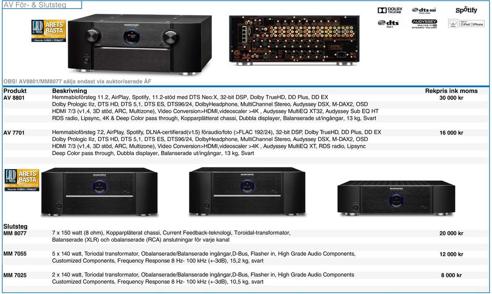 (v1,4, 3D stöd, ARC, Multizone), Video Conversion>HDMI,videoscaler >4K, Audyssey MultiEQ XT32, Audyssey Sub EQ HT RDS radio, Lipsync, 4K & Deep Color pass through, Kopparplätterat chassi, Dubbla