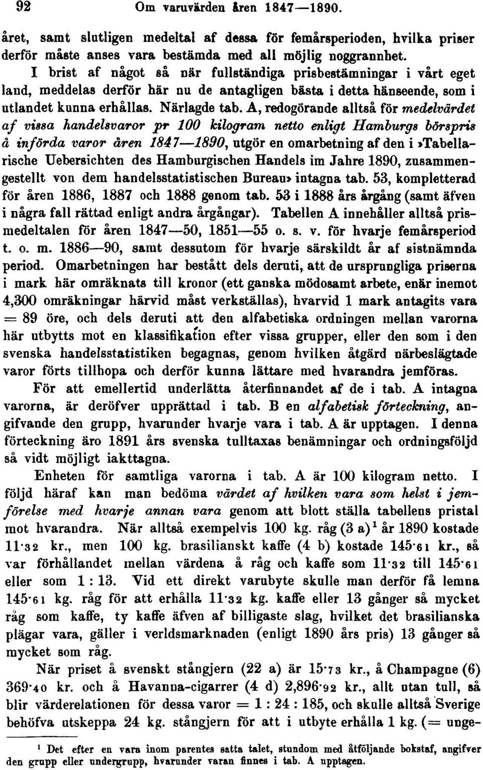 A, redogörande alltså för medelvärdet af vissa handelsvaror pr 100 kilogram netto enligt Hamburgs börspris å införda varor åren 1847 1890, utgör en omarbetning af den i»tabellarische Uebersichten des