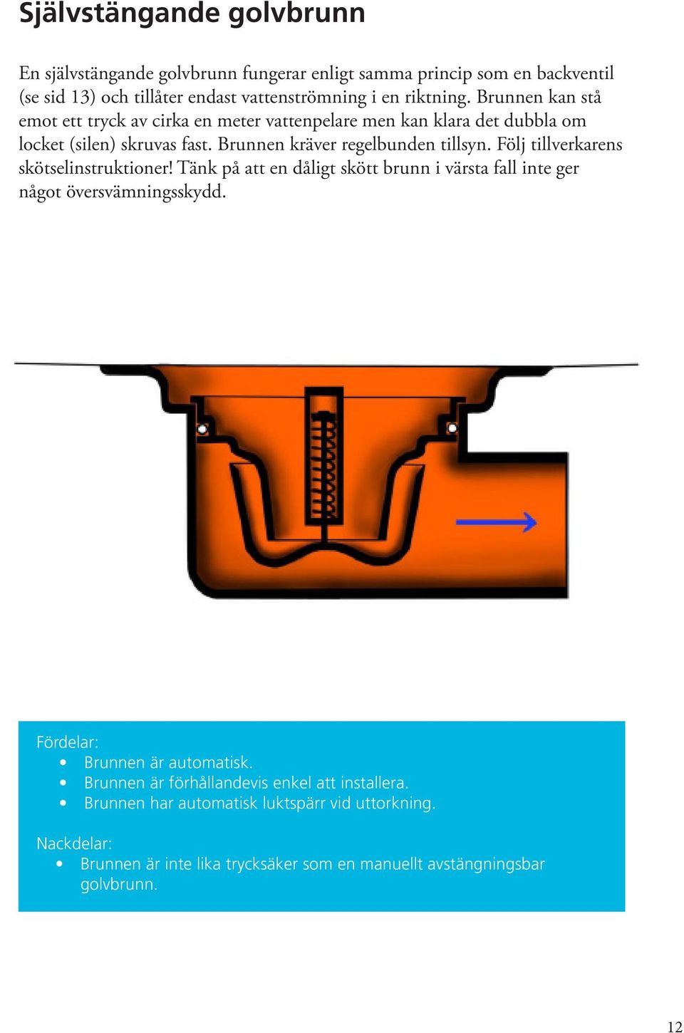 Följ tillverkarens skötselinstruktioner! Tänk på att en dåligt skött brunn i värsta fall inte ger något översvämningsskydd. Fördelar: Brunnen är automatisk.