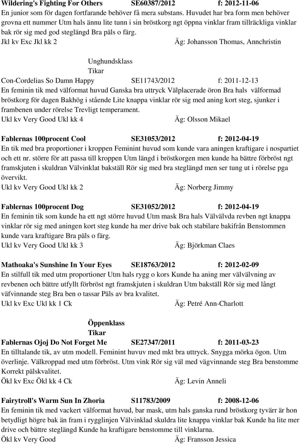 Jkl kv Exc Jkl kk 2 Äg: Johansson Thomas, Annchristin Unghundsklass Con-Cordelias So Damn Happy SE11743/2012 f: 2011-12-13 En feminin tik med välformat huvud Ganska bra uttryck Välplacerade öron Bra