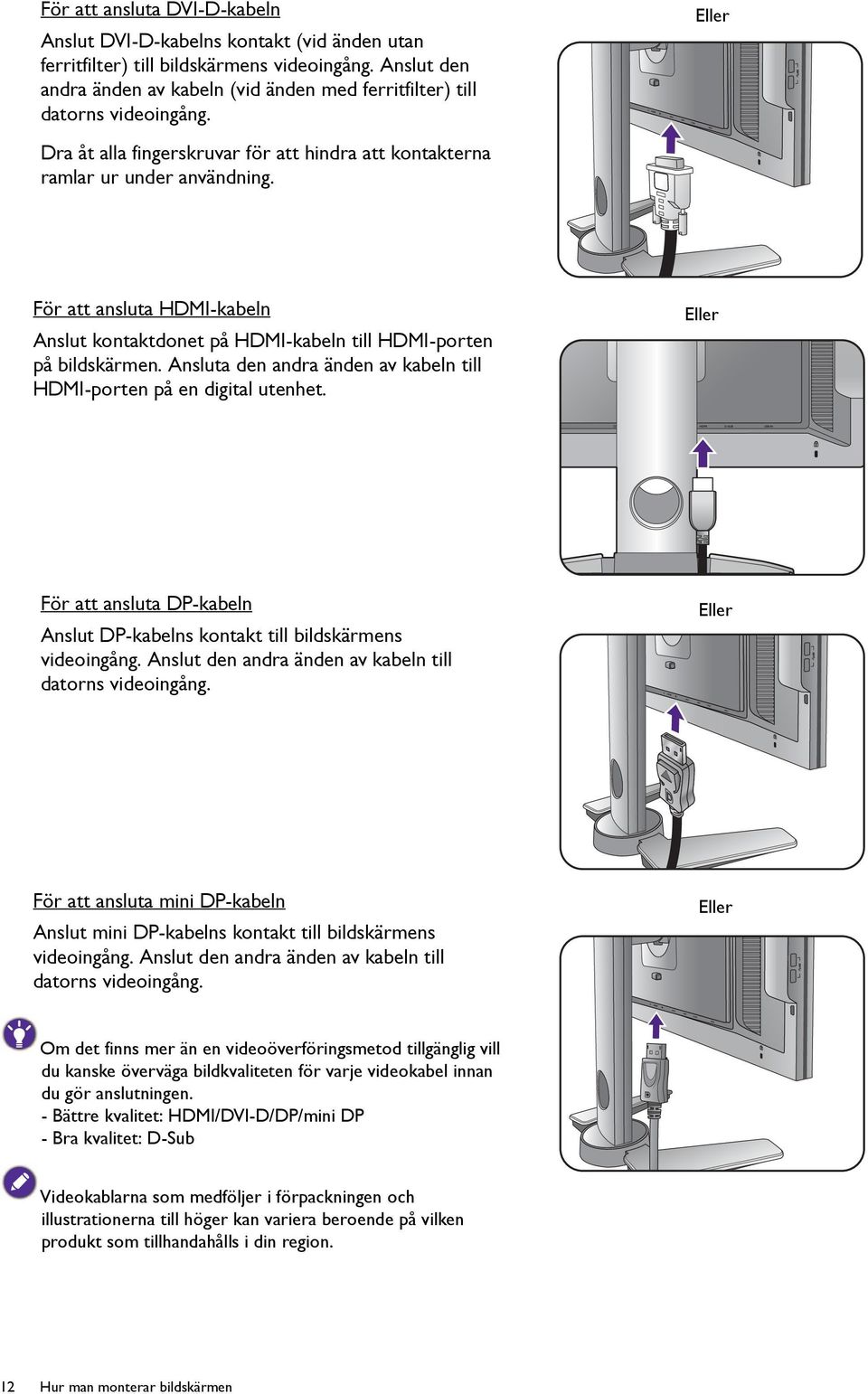 För att ansluta HDMI-kabeln Anslut kontaktdonet på HDMI-kabeln till HDMI-porten på bildskärmen. Ansluta den andra änden av kabeln till HDMI-porten på en digital utenhet.