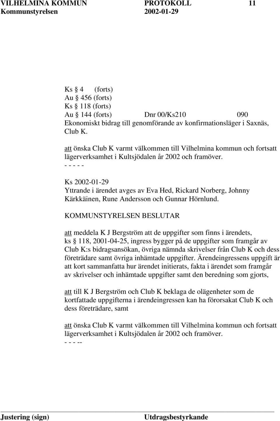 Ks 2002-01-29 Yttrande i ärendet avges av Eva Hed, Rickard Norberg, Johnny Kärkkäinen, Rune Andersson och Gunnar Hörnlund.