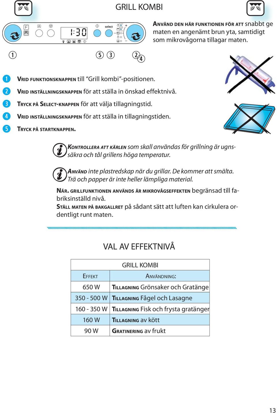 KONTROLLERA ATT KÄRLEN som skall användas för grillning är ugnssäkra och tål grillns höga tmpratur. ANVÄND int plastrdskap när du grillar. D kommr att smälta.