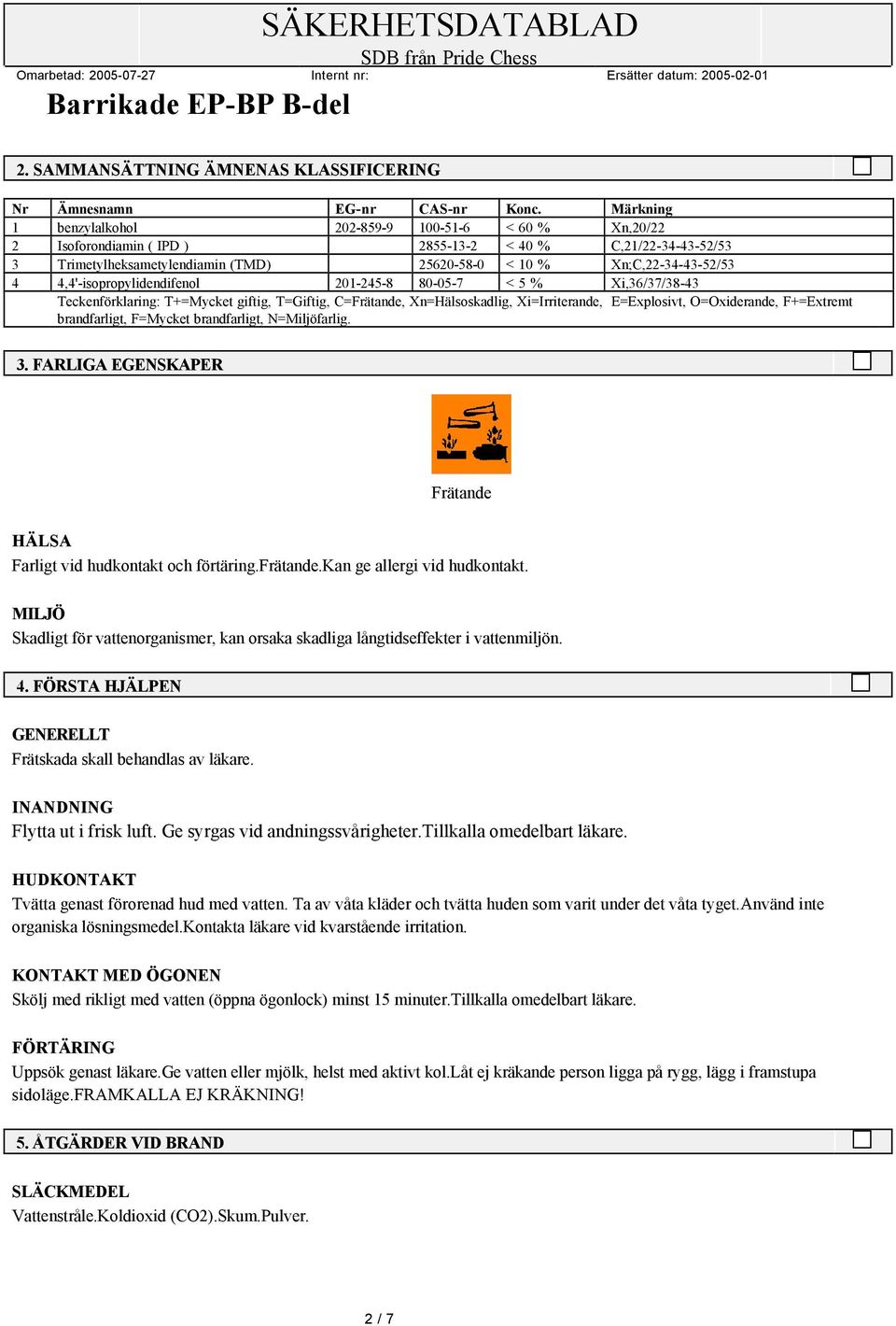 4,4'-isopropylidendifenol 201-245-8 80-05-7 < 5 % Xi,36/37/38-43 Teckenförklaring: T+=Mycket giftig, T=Giftig, C=Frätande, Xn=Hälsoskadlig, Xi=Irriterande, E=Explosivt, O=Oxiderande, F+=Extremt